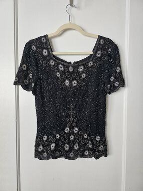 Vintage Stenay Petite Embellished Black Floral Beaded Women's Top